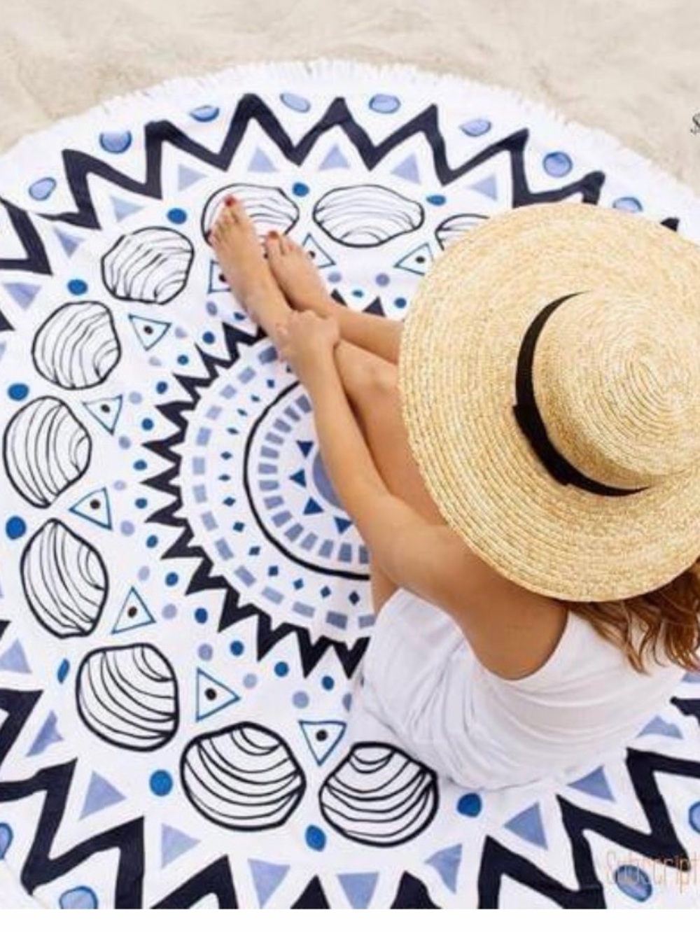Tofino Chesterman 59” Round Shell-Print Beach Towel in White & Blue